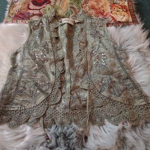 Urban Tribe Floral Crochet Trim Metallic Green Vest Size M